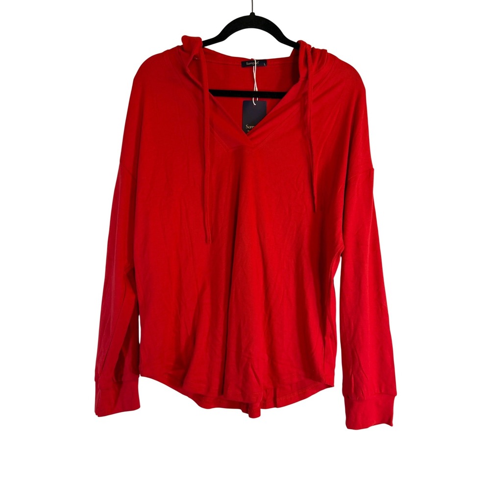 Sampeel Womens Red Long Sleeve V Neck Hoodie Pullover Top Large NWT